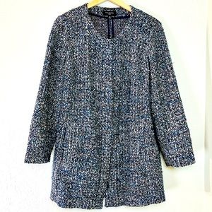 TALBOTS Woman Blue Black Tweed Jacket Blazer Coat 14W Long Unlined Italian